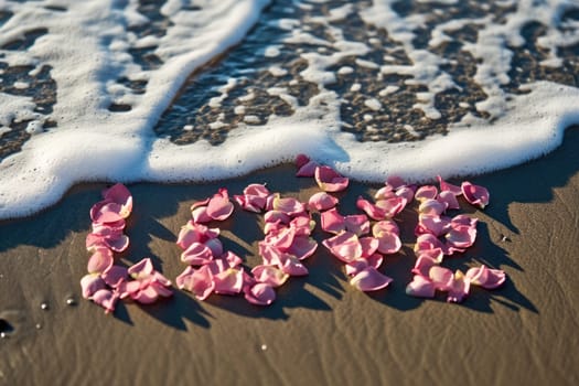 romantic beach of love rose petals on the coastline wide view pragma