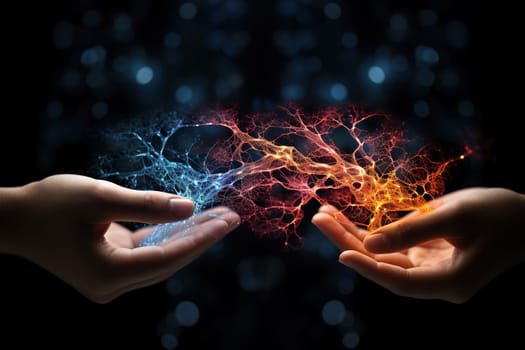 The two hands are connected by neural connections.