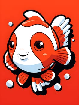 A vibrant cartoon clownfish with a friendly smile, surrounded by bubbles against a red background - generative AI