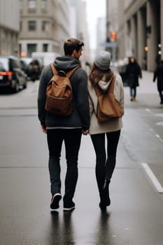 A young couple walking hand in hand, viewed from behind, on a bustling city street - Generative AI