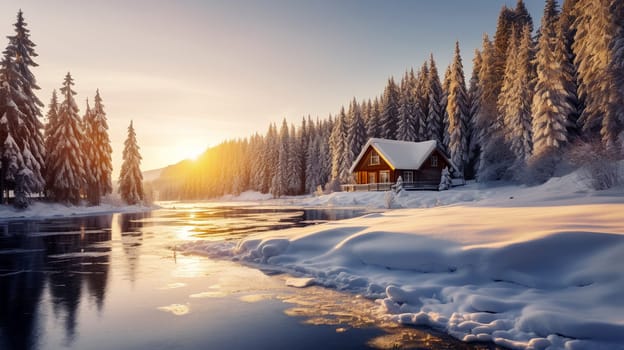 Snow-covered cabin at sunrise by a frozen lake in a pine forest - winter time - generative AI