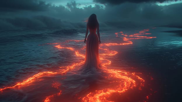 A mysterious girl in a dress stands in the water, which is enveloped in a mystical light. High quality illustration