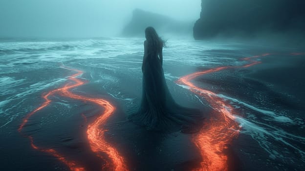 A mysterious girl in a dress stands in the water, which is enveloped in a mystical light. High quality illustration