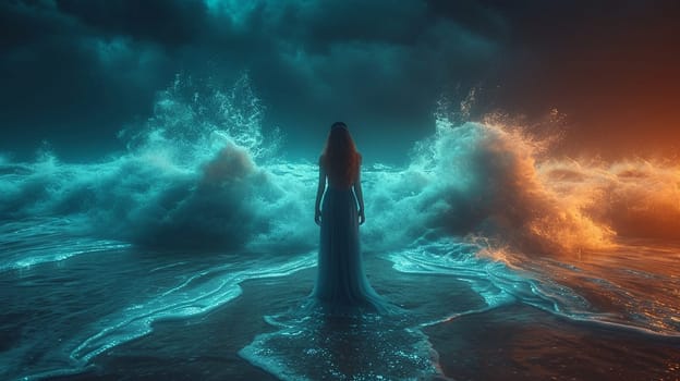 A mysterious girl in a dress stands in the water, which is enveloped in a mystical light. High quality illustration