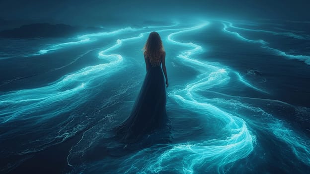 A mysterious girl in a dress stands in the water, which is enveloped in a mystical light. High quality illustration