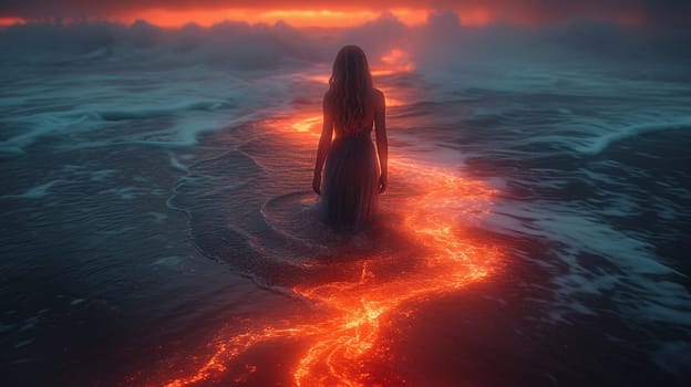 A mysterious girl in a dress stands in the water, which is enveloped in a mystical light. High quality illustration