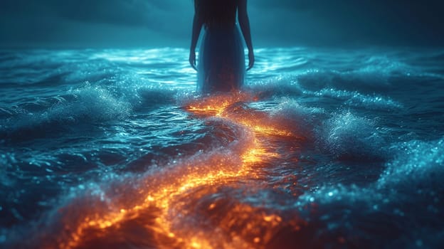 A mysterious girl in a dress stands in the water, which is enveloped in a mystical light. High quality illustration