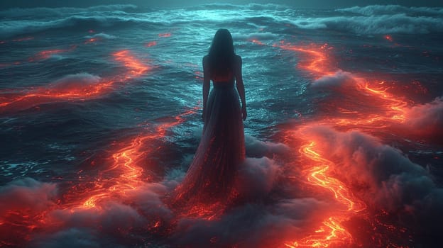 A mysterious girl in a dress stands in the water, which is enveloped in a mystical light. High quality illustration