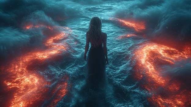 A mysterious girl in a dress stands in the water, which is enveloped in a mystical light. High quality illustration