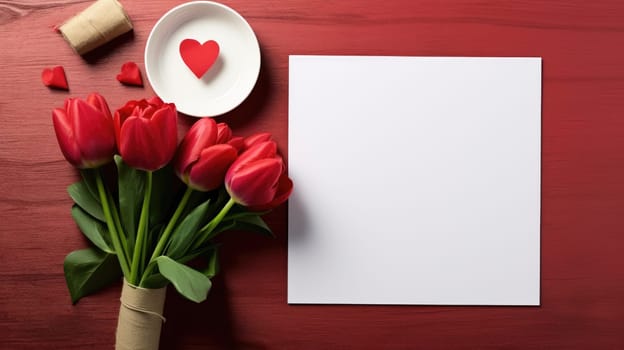 Valentine mockup invitation cards, craft envelopes, pink flowers and green leaves on red background. Overhead view. Flat lay, top view invitation card. Copy space