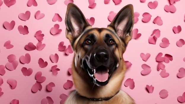Lovely German shepherd dog with Valentine's day pink flower petals looking at the camera.