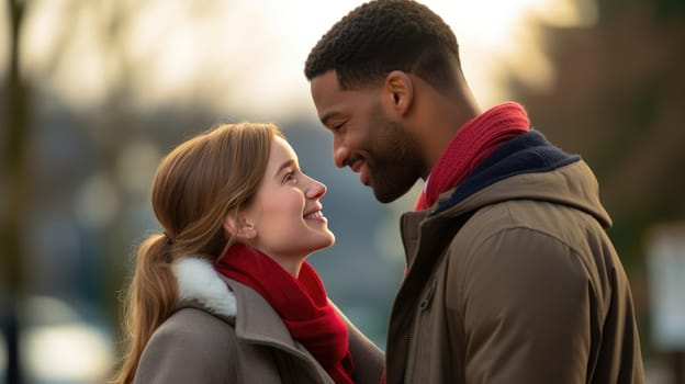 Beautiful young couple hugging, kissing celebrating St Valentine's Day outside. African american guy and caucasian girl in love