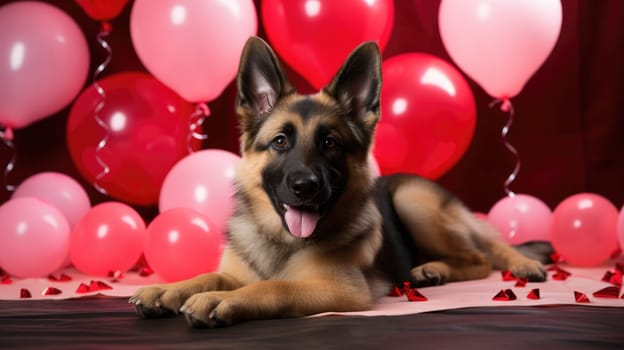 Lovely German shepherd dog with Valentine's day red pink heart balloons lying on floor of with gift boxes.