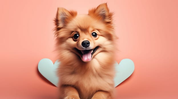 Happy cute small dog with hearts on pink background celebrating Valentine day. Valentine's day, birthday, mother's, women's day, holidays concept