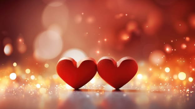 Close up red hearts are placed on the table bokeh background. Valentine's Day background and texture