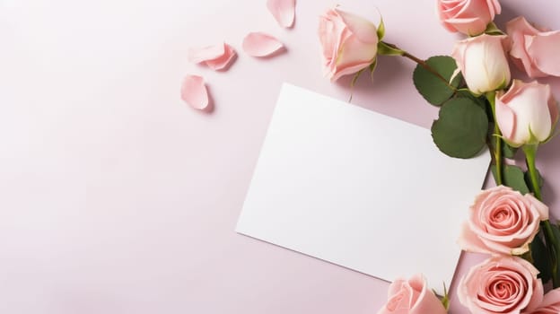 Mockup invitation cards, craft envelopes, pink red flowers on pink background. Overhead view. Flat lay, top view invitation card. Copy space