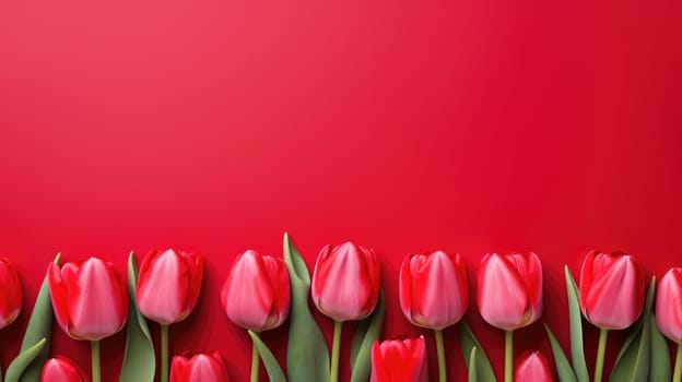 Wonderful spring tulips on the red background. Top view image. Copy space.