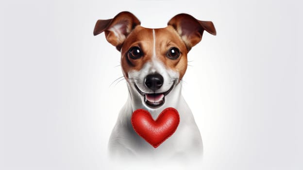Happy cute small dog with red heart on white background celebrating Valentine day. Valentine's day, birthday, mother's, women's day, holidays concept