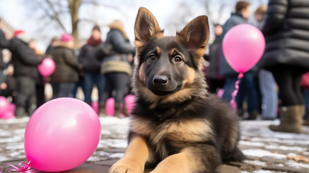 Lovely German shepherd puppy with Valentine's day pink balloons lying on the street.