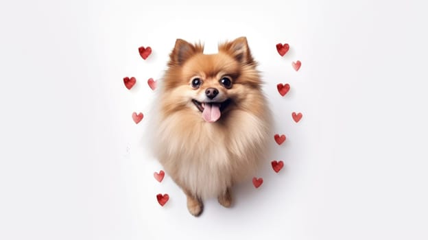 Happy cute small dog with red hearts on white background celebrating Valentine day. Valentine's day, birthday, mother's, women's day, holidays concept