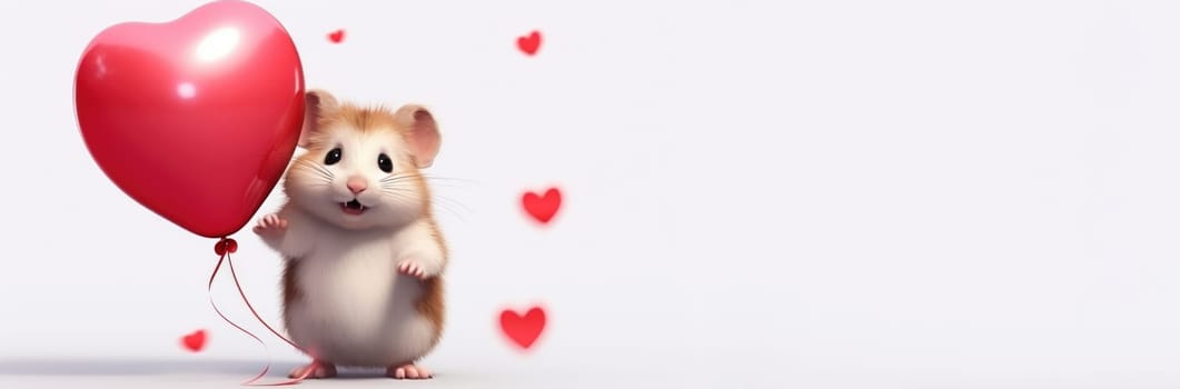 Banner of cute hamster with heart balloon on white background. Love from hamster. Valentine's Day