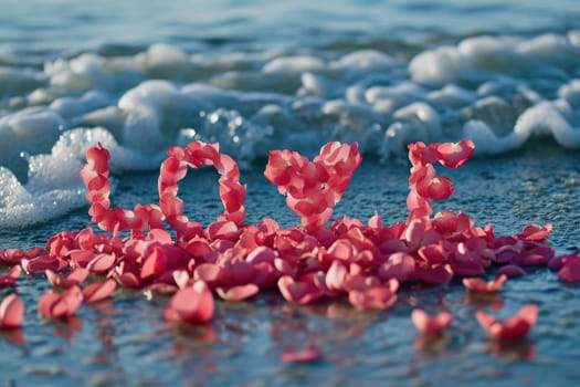 romantic beach of love rose petals on the coastline wide view pragma