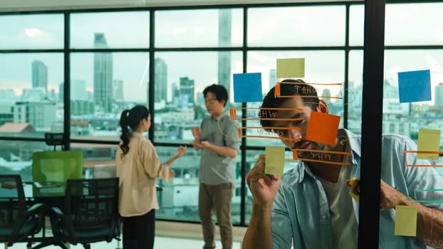 Professional businessman uses sticky notes at glass wall with graph to brainstorming idea while multicultural businesspeople discussing about marketing ideas at office with city view. Tracery