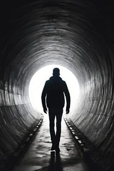 Silhouette of a man in a dark tunnel. Conceptual image. Business concept.Silhouette of a man standing in a dark tunnel with light.Silhouette of a man walking through a tunnel with light coming through.Man standing in a tunnel looking at the light coming from the end.