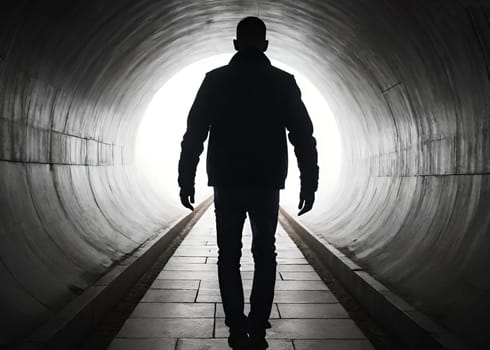 Silhouette of a man in a dark tunnel. Conceptual image. Business concept.Silhouette of a man standing in a dark tunnel with light.Silhouette of a man walking through a tunnel with light coming through.Man standing in a tunnel looking at the light coming from the end.