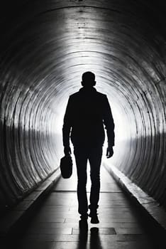 Silhouette of a man in a dark tunnel. Conceptual image. Business concept.Silhouette of a man standing in a dark tunnel with light.Silhouette of a man walking through a tunnel with light coming through.Man standing in a tunnel looking at the light coming from the end.