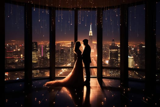 A romantic couple stands at the panoramic window of a skyscraper overlooking the nighttime cityscape. Valentine's Day