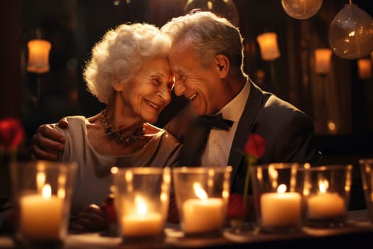 Happy elderly couple spending time together in romantic restaurant. Happy old aged family marriage anniversary celebration