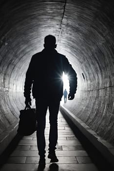 Silhouette of a man in a dark tunnel. Conceptual image. Business concept.Silhouette of a man standing in a dark tunnel with light.Silhouette of a man walking through a tunnel with light coming through.Man standing in a tunnel looking at the light coming from the end.