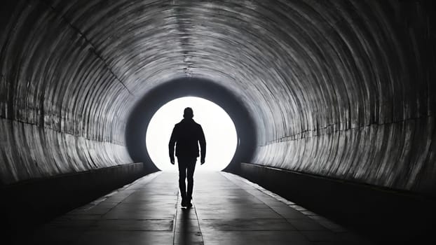 Silhouette of a man in a dark tunnel. Conceptual image. Business concept.Silhouette of a man standing in a dark tunnel with light.Silhouette of a man walking through a tunnel with light coming through.Man standing in a tunnel looking at the light coming from the end.