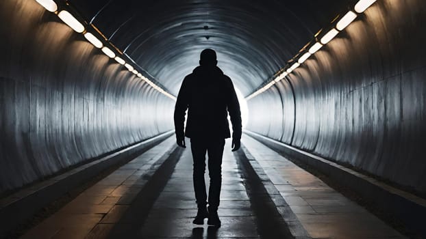 Silhouette of a man in a dark tunnel. Conceptual image. Business concept.Silhouette of a man standing in a dark tunnel with light.Silhouette of a man walking through a tunnel with light coming through.Man standing in a tunnel looking at the light coming from the end.