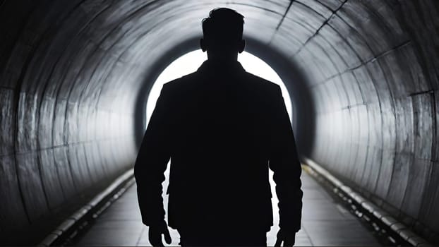 Silhouette of a man in a dark tunnel. Conceptual image. Business concept.Silhouette of a man standing in a dark tunnel with light.Silhouette of a man walking through a tunnel with light coming through.Man standing in a tunnel looking at the light coming from the end.