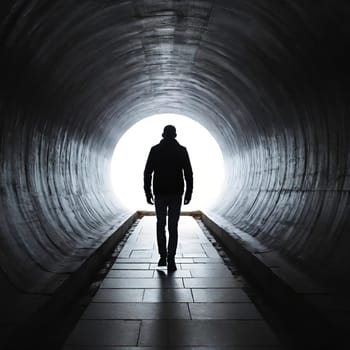 Silhouette of a man in a dark tunnel. Conceptual image. Business concept.Silhouette of a man standing in a dark tunnel with light.Silhouette of a man walking through a tunnel with light coming through.Man standing in a tunnel looking at the light coming from the end.