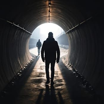 Silhouette of a man in a dark tunnel. Conceptual image. Business concept.Silhouette of a man standing in a dark tunnel with light.Silhouette of a man walking through a tunnel with light coming through.Man standing in a tunnel looking at the light coming from the end.