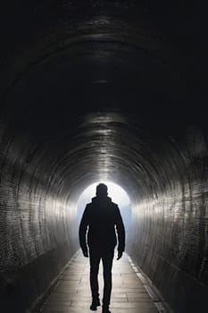 Silhouette of a man in a dark tunnel. Conceptual image. Business concept.Silhouette of a man standing in a dark tunnel with light.Silhouette of a man walking through a tunnel with light coming through.Man standing in a tunnel looking at the light coming from the end.