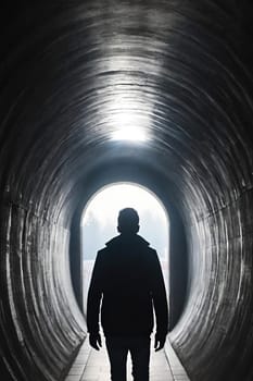 Silhouette of a man in a dark tunnel. Conceptual image. Business concept.Silhouette of a man standing in a dark tunnel with light.Silhouette of a man walking through a tunnel with light coming through.Man standing in a tunnel looking at the light coming from the end.