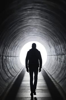 Silhouette of a man in a dark tunnel. Conceptual image. Business concept.Silhouette of a man standing in a dark tunnel with light.Silhouette of a man walking through a tunnel with light coming through.Man standing in a tunnel looking at the light coming from the end.