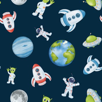 Cosmos seamless pattern. Rocket. Cheerful astronaut. UFO. Person in a spacesuit. Planet. Earth Moon Mercury. Watercolor objects. Cartoon style. For prints children invitations and cards.