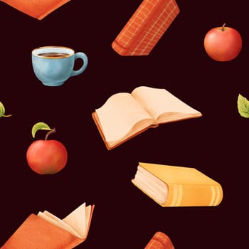 Watercolor seamless pattern of different books, blue teacup, open retro book and red apple. Back to school illustration. Bright illustration for design of bookshop, library, cover, card.
