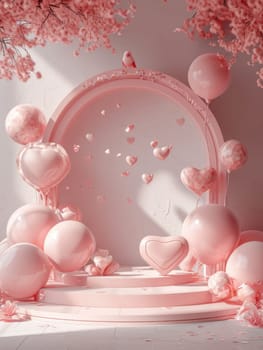 Pink podium state for presentation. Valentine concept. Generative AI.