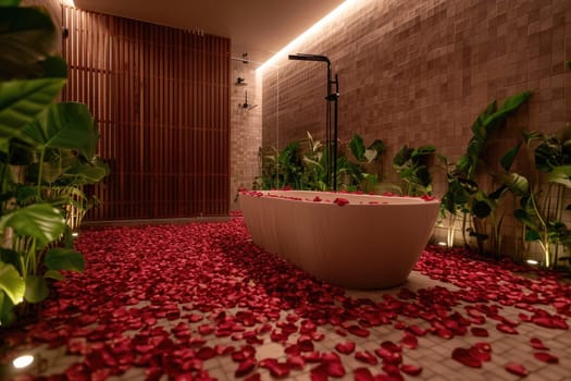 Rose Petals Pathway. Romantic background. Generative AI.