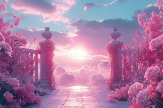 Pink iron gate with Valentine theme. Generative AI.