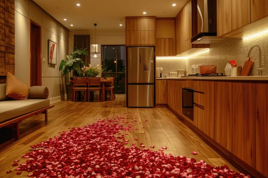 Rose Petals Pathway. Romantic background. Generative AI.