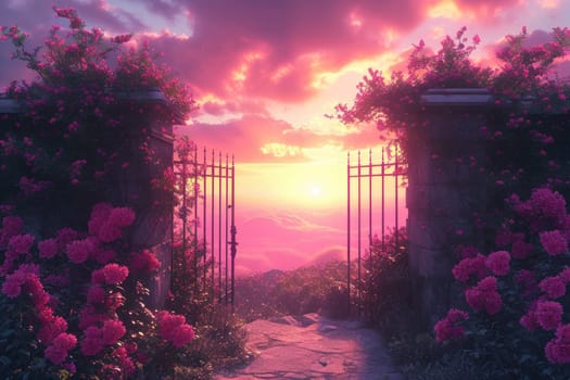 Pink iron gate with Valentine theme. Generative AI.