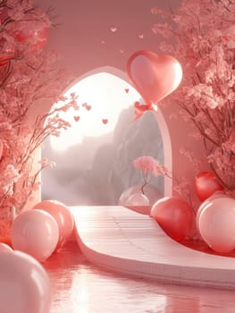 Pink podium state for presentation. Valentine concept. Generative AI.