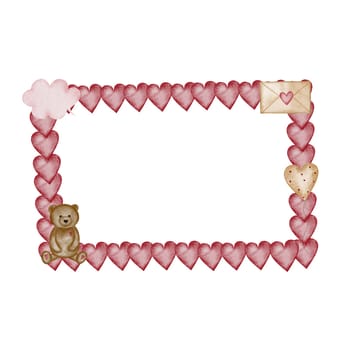 Watercolor frame for Valentine's day with a bear, a letter with love hearts. A wreath of cute pictures for decorating cards and invitations.